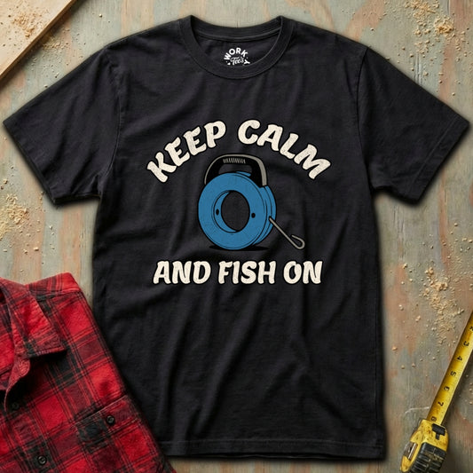 Black t-shirt with 'Keep Calm and Fish On' graphic on a textured surface with a red plaid shirt and yellow tool in the background.