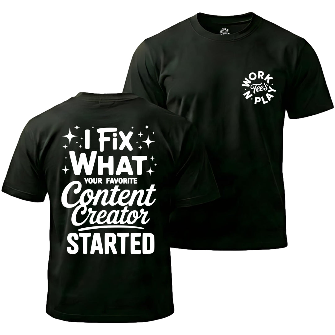 Black t-shirt with white text on front and back, featuring a logo on the chest.