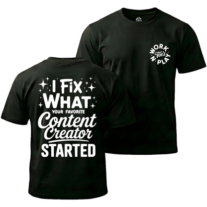 Black t-shirt with white text on front and back, featuring a logo on the chest.