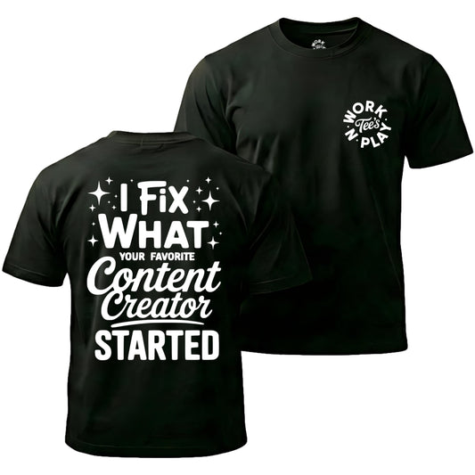 Black t-shirt with white text on front and back, featuring a logo on the chest.
