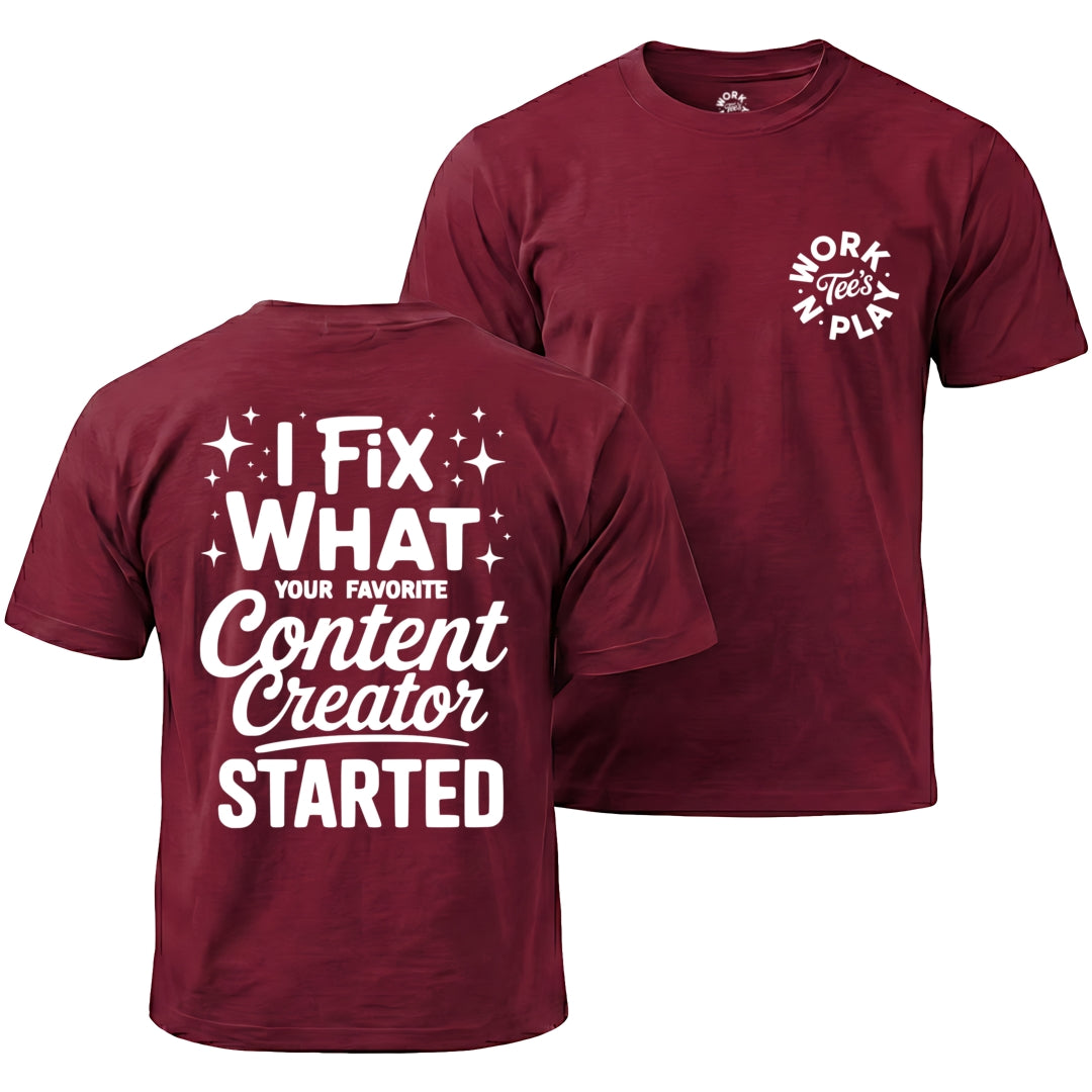 Maroon t-shirt with white text on front and back, featuring a brand logo.