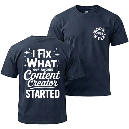 Navy blue t-shirt with white text on front and back, featuring 'Work N' Pla' logo.