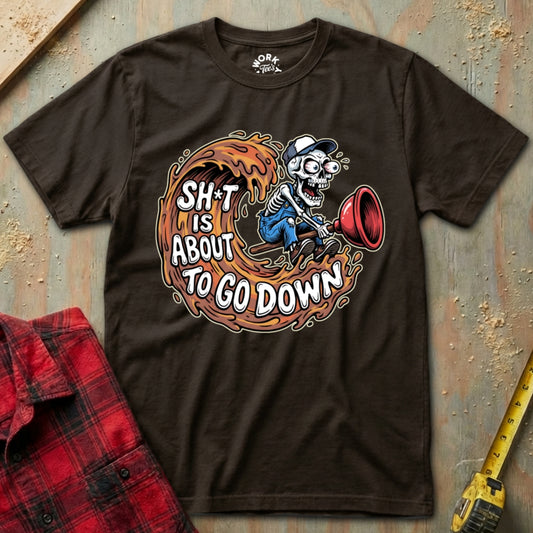 Brown t-shirt with a graphic design and text on a textured surface.