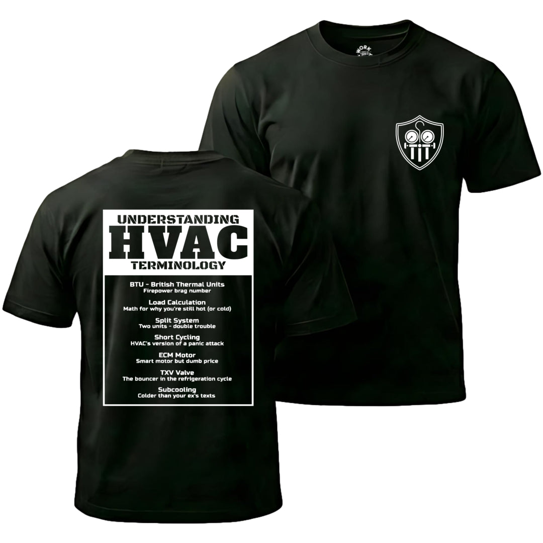 Black t-shirt with HVAC terminology text on front and logo on back