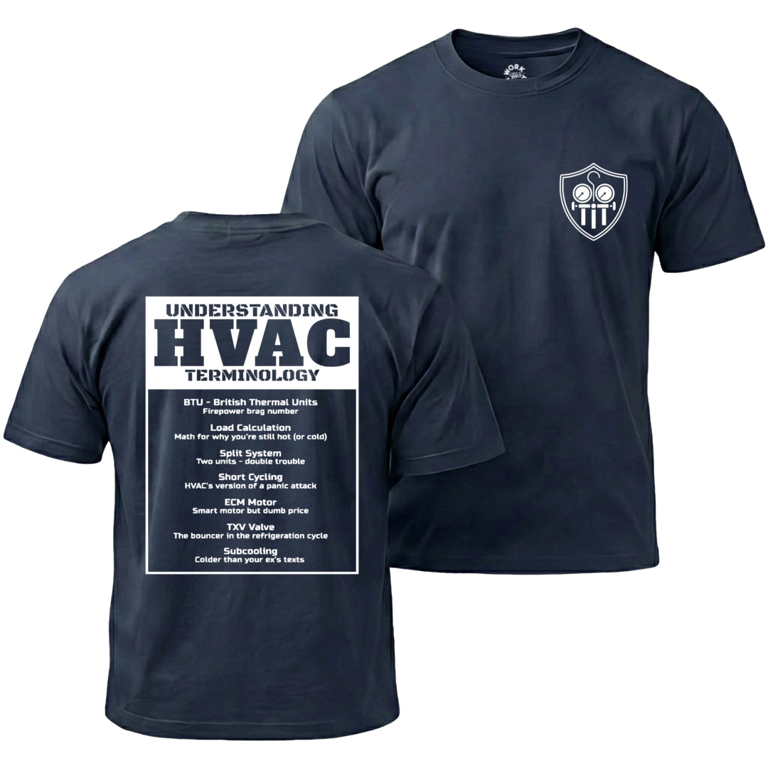 Navy blue t-shirt with HVAC terminology text on the back and a logo on the chest, on a white background.
