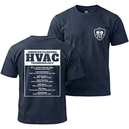 Navy blue t-shirt with HVAC terminology text on the back and a logo on the chest, on a white background.