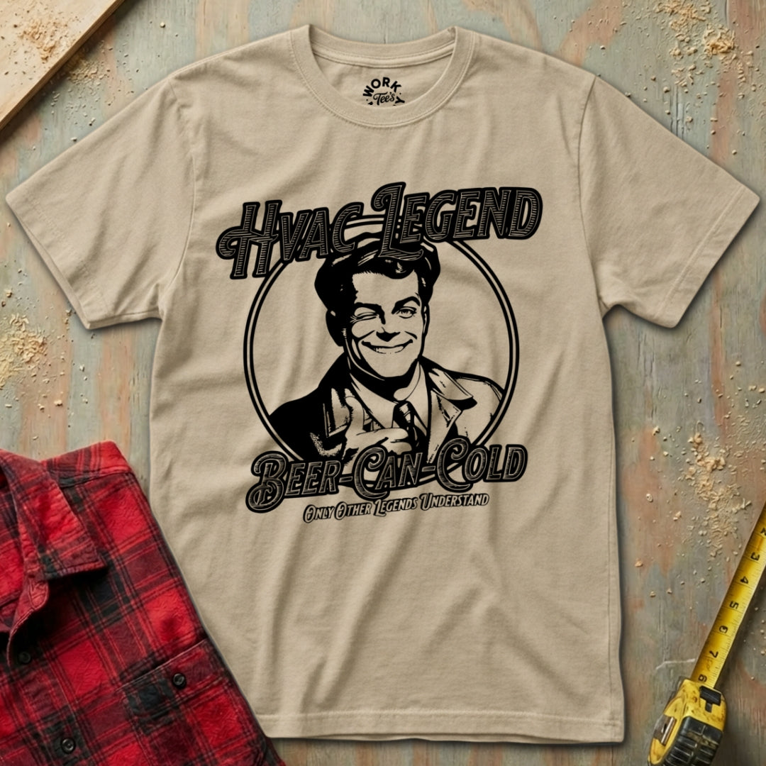 Beige t-shirt with 'HVAC Legend Beer Can Cold' graphic on a textured surface with a red plaid shirt and yellow tool in the background.