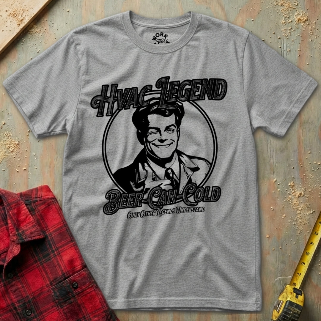 Gray t-shirt with 'HVAC Legend Beer Can Cold' graphic on a textured surface with a red flannel shirt and yellow tool in the background.