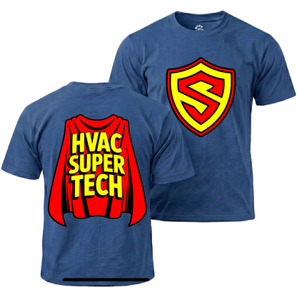 Blue t-shirt with HVAC Super Tech graphic on front and shield logo on back