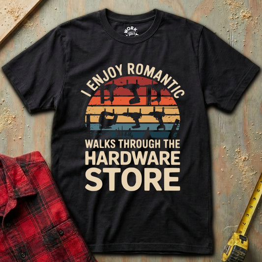 Black t-shirt with humorous graphic and text on a textured surface with plaid shirt and tape measure.