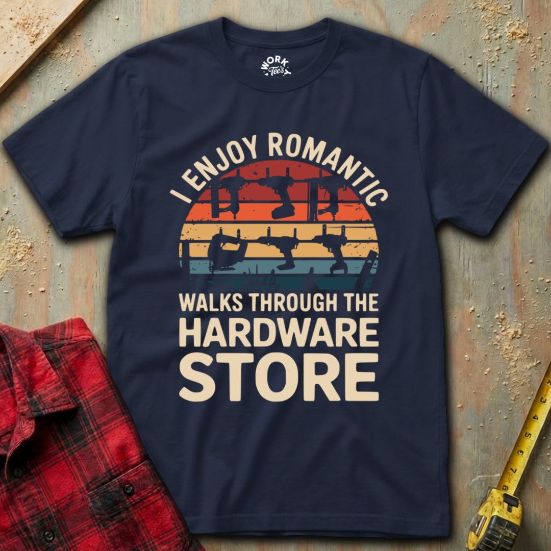 Navy blue t-shirt with humorous graphic and text on a rustic background