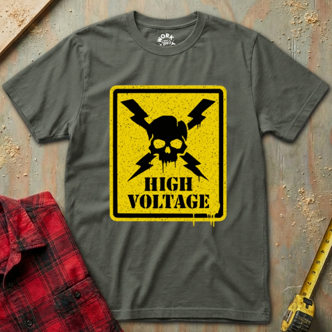 Gray t-shirt with high voltage graphic on a textured surface
