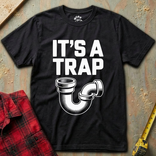 Black t-shirt with 'It's a Trap' graphic and plaid shirt and tape measure on a textured surface