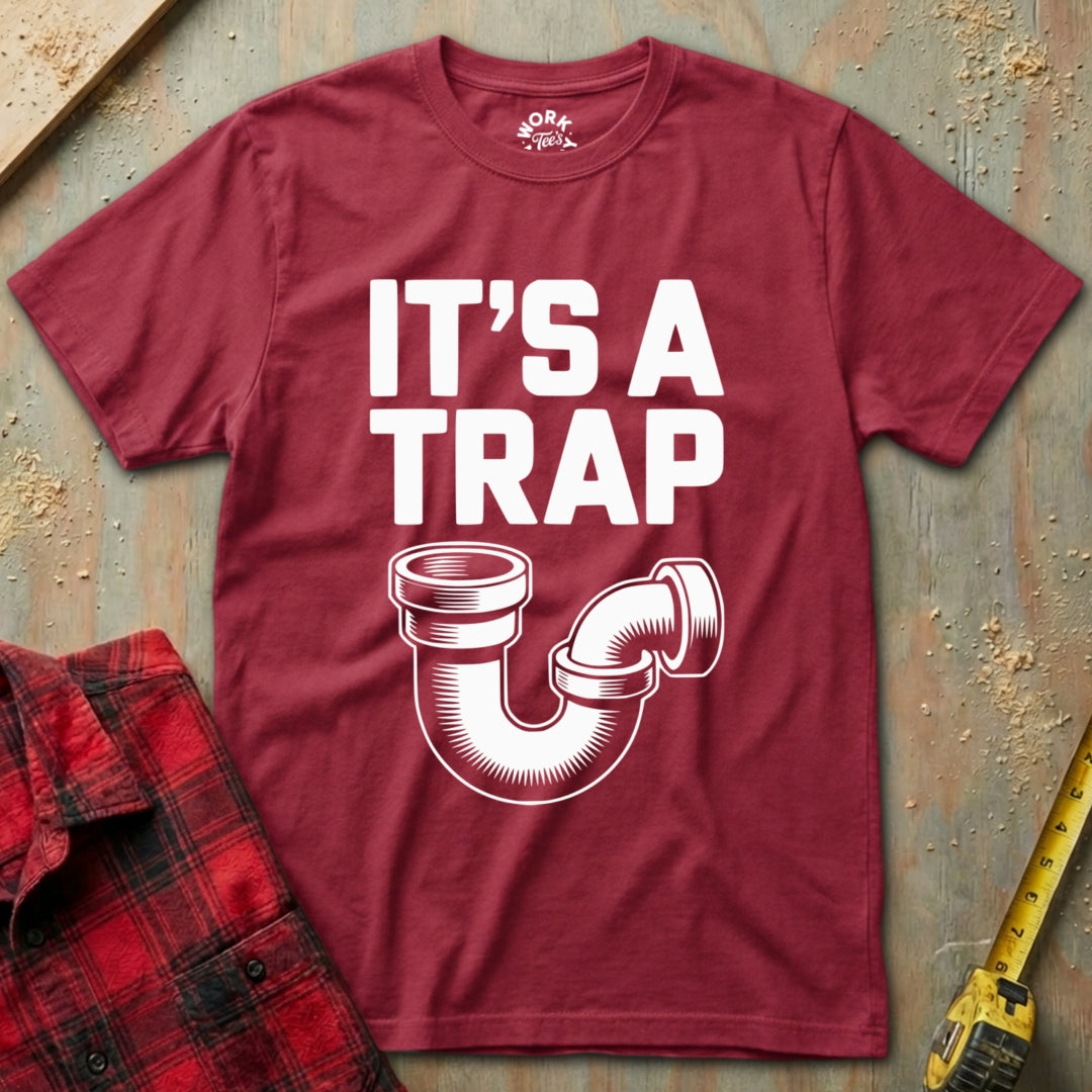 Maroon t-shirt with 'It's a Trap' graphic on a textured surface