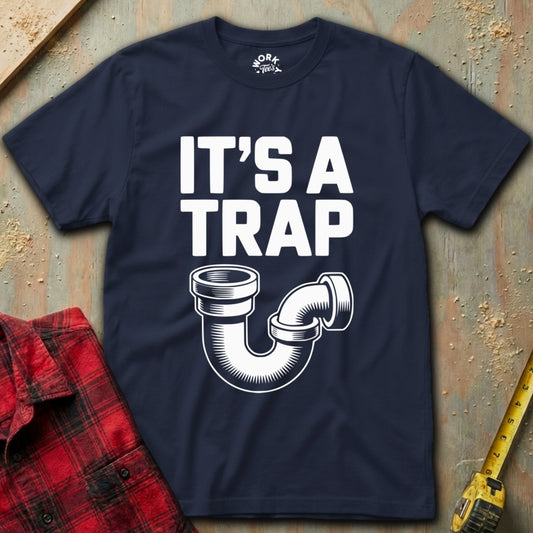 Navy blue t-shirt with 'It's a Trap' graphic and plaid shirt and tape measure on a textured surface