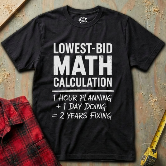 Black t-shirt with humorous math calculation text on a textured surface with a red plaid shirt and yellow tool in the background.