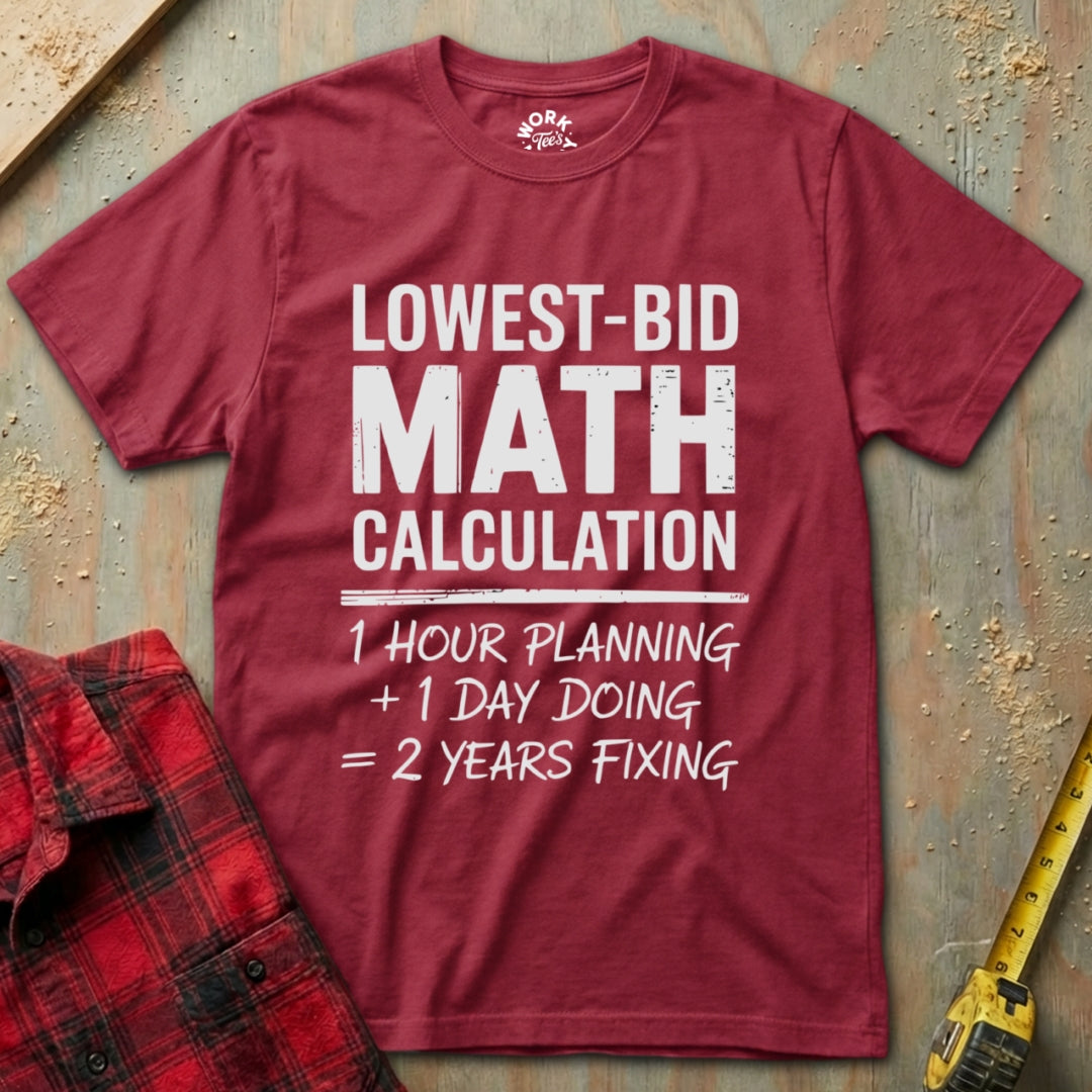 Red t-shirt with humorous math calculation text on a rustic background