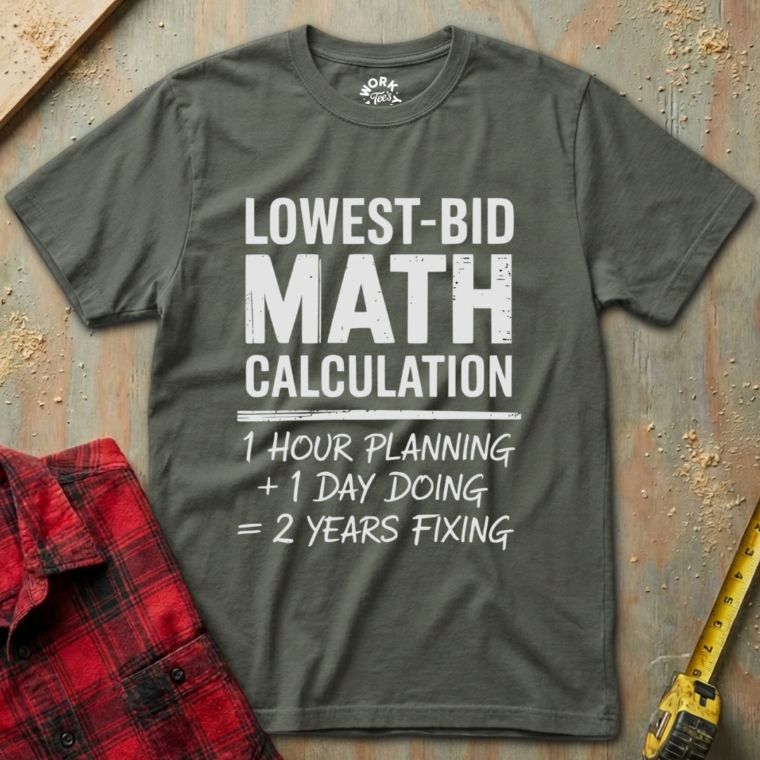 Gray t-shirt with humorous math calculation text on a rustic background