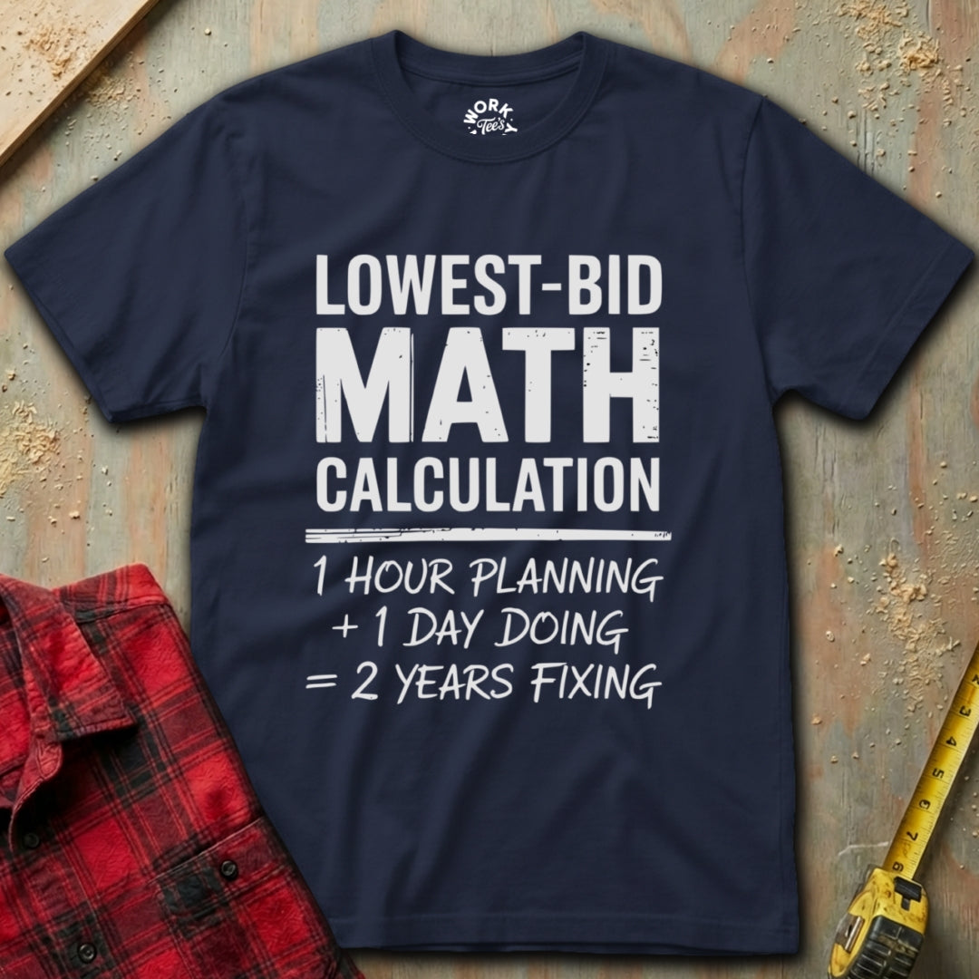 Navy blue t-shirt with humorous math calculation text on a textured surface with a red plaid shirt and yellow tool in the background.