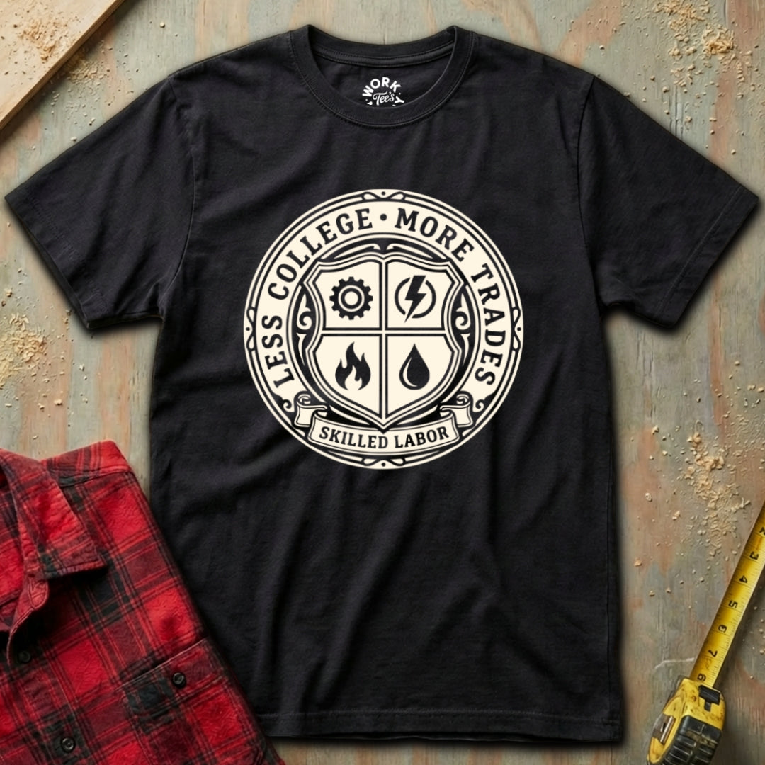 Black t-shirt with a circular design and text on a textured surface with a red plaid shirt and yellow tool in the background.