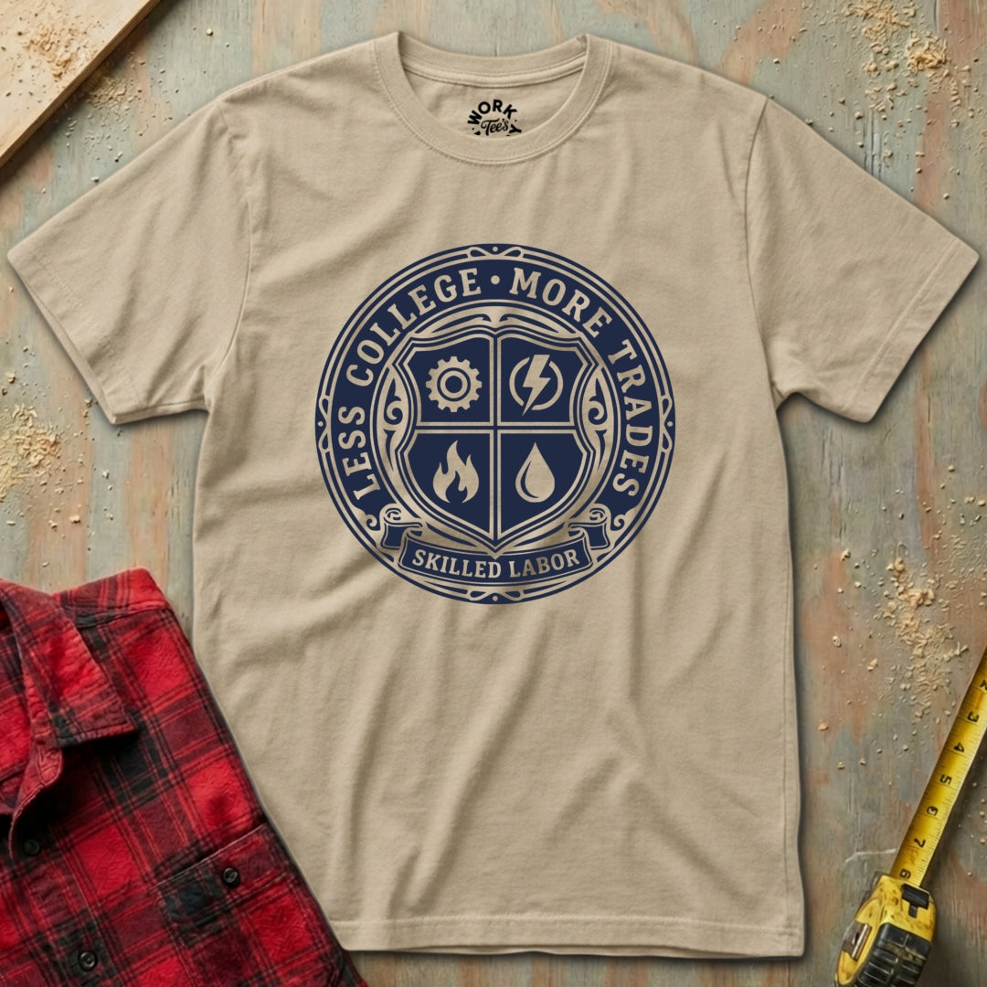 Beige t-shirt with blue emblem and text on a rustic wooden background