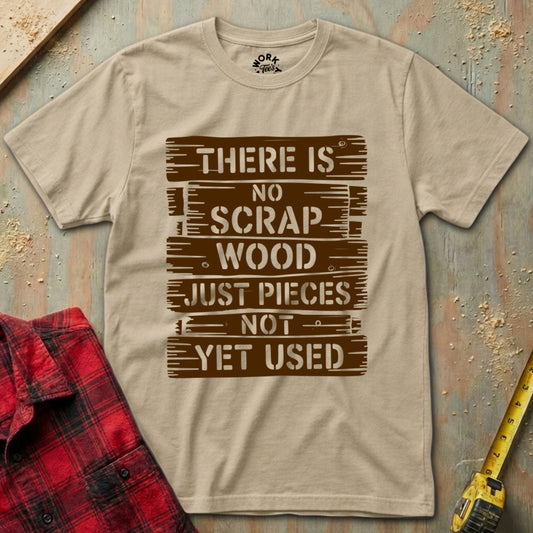 Beige t-shirt with wooden sign design and text on a rustic background