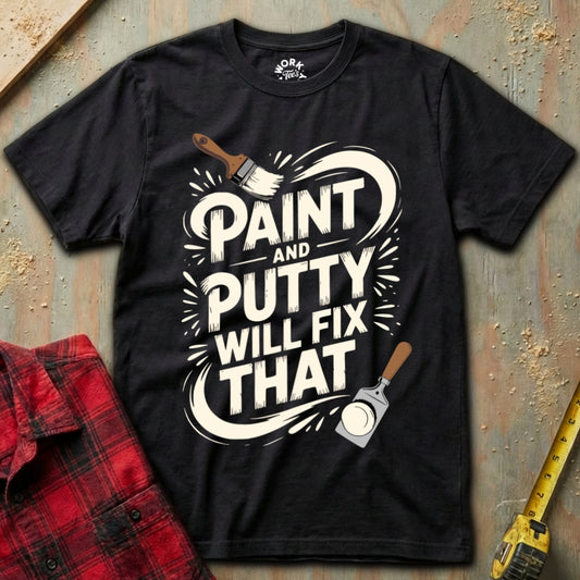 Black t-shirt with 'Paint and Putty Will Fix That' design on a textured surface with tools.