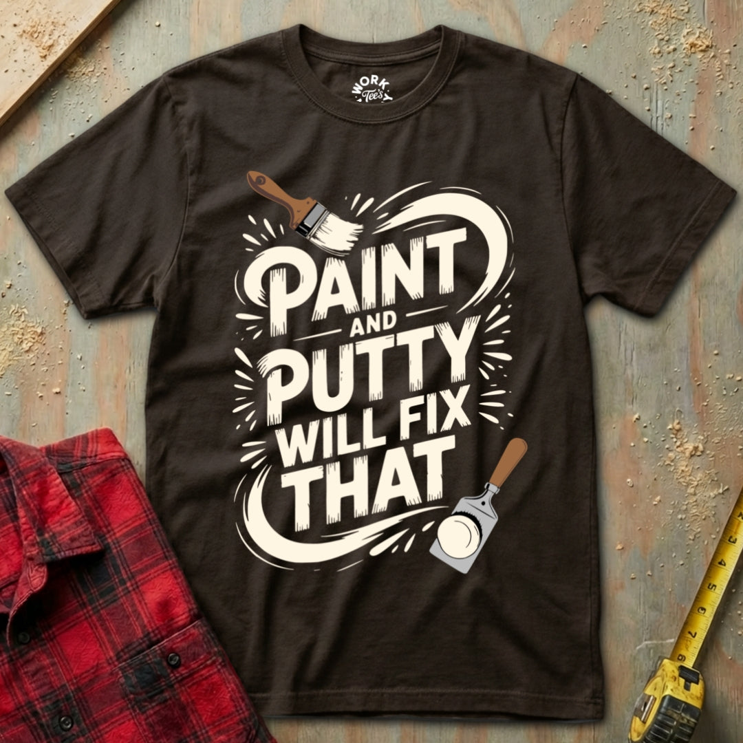 Brown t-shirt with 'Paint and Putty Will Fix That' design on a textured surface with tools.