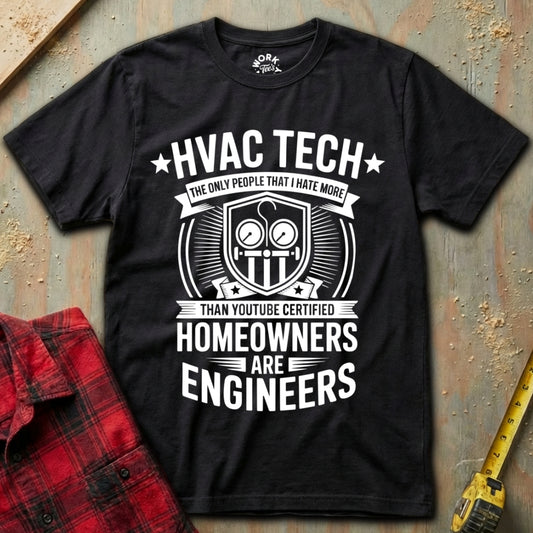Black t-shirt with HVAC Tech graphic and text on a textured surface with tools.