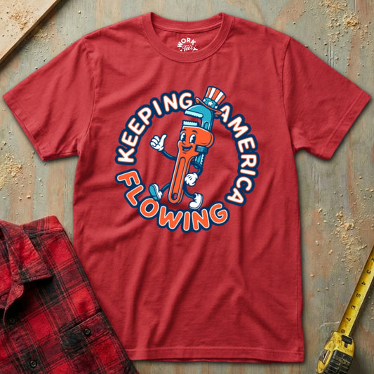 Red t-shirt with a graphic design on a textured surface