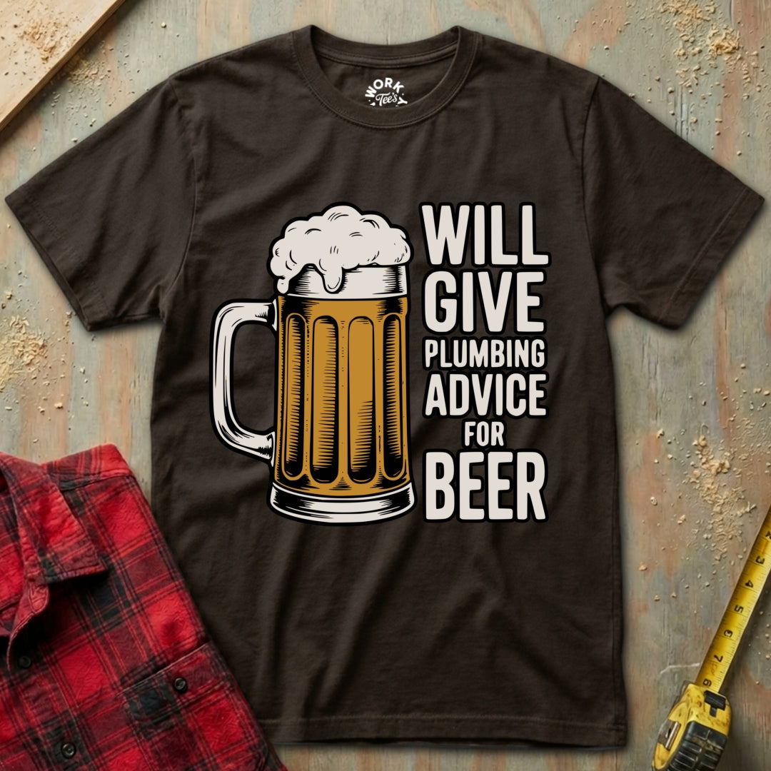 Brown t-shirt with a graphic of a beer mug and text on a textured surface.