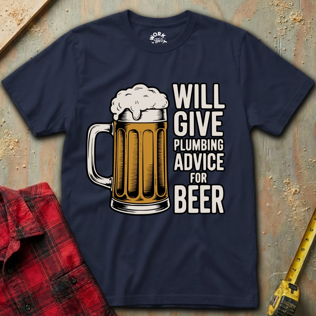Navy blue t-shirt with a graphic of a beer mug and text on a textured surface.