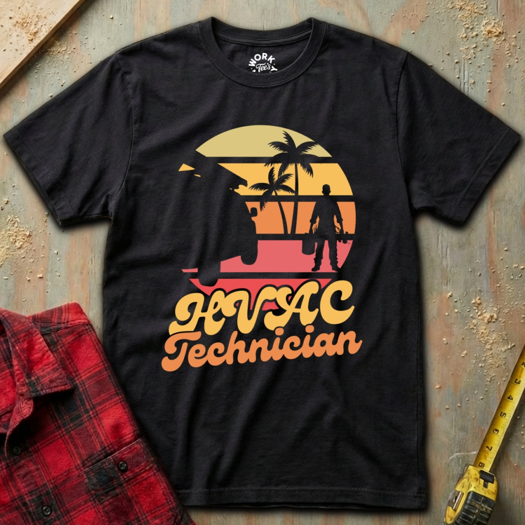 Black t-shirt with 'HVAC Technician' design on a textured surface with a red shirt and yellow tool in the background.