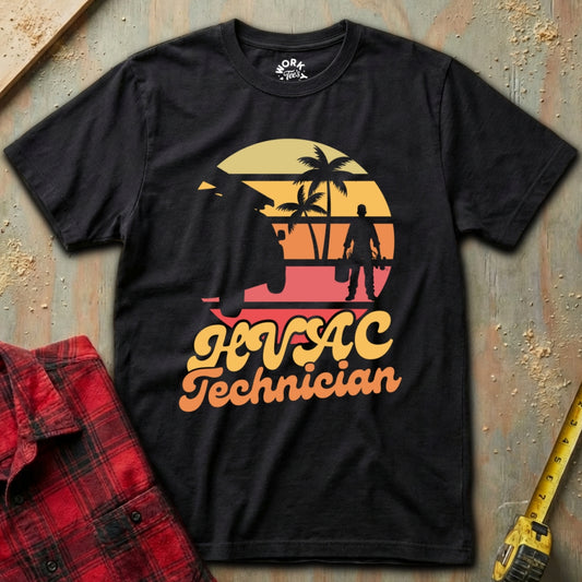 Black t-shirt with 'HVAC Technician' design on a textured surface with a red shirt and yellow tool in the background.
