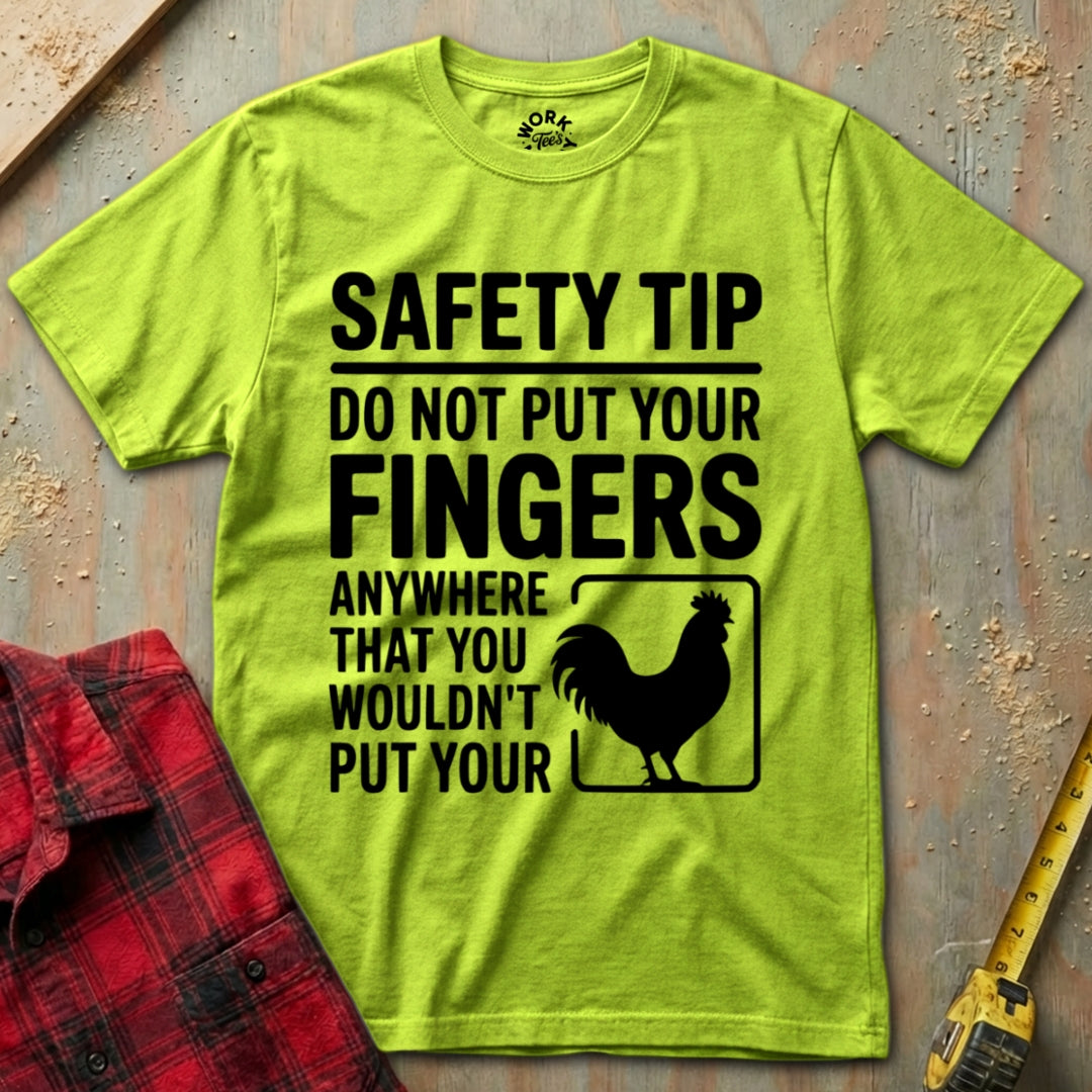 Green t-shirt with safety tip graphic and text on a rustic background