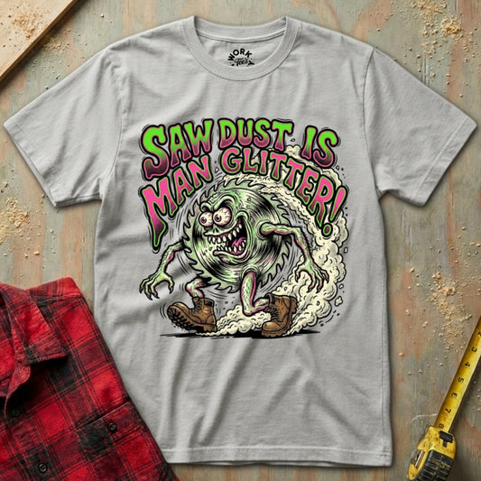 Gray t-shirt with a graphic design of a monster and text 'Saw Dust is Man Glitter' on a wooden background.