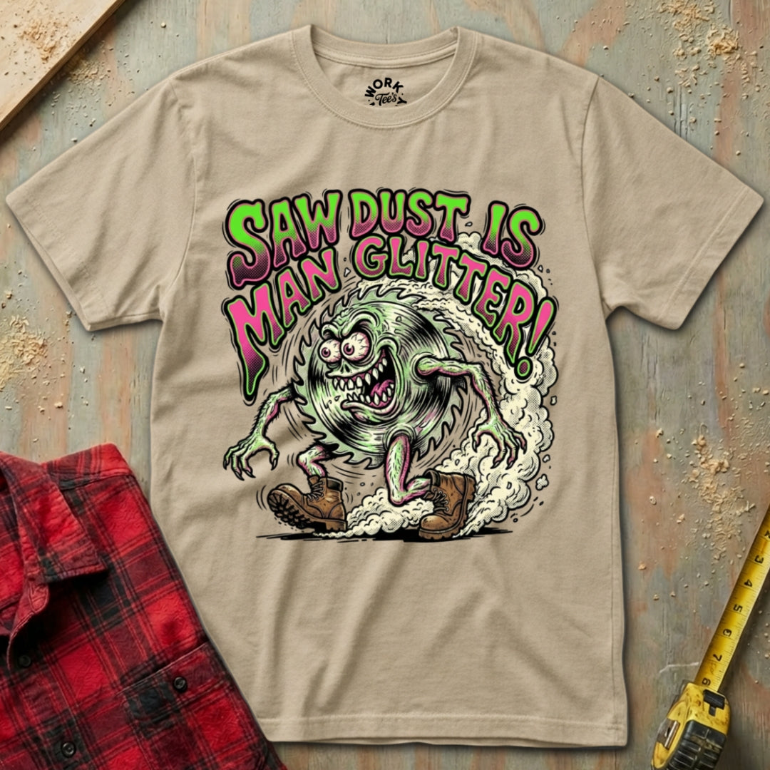 Beige t-shirt with a graphic design and text on a wooden background
