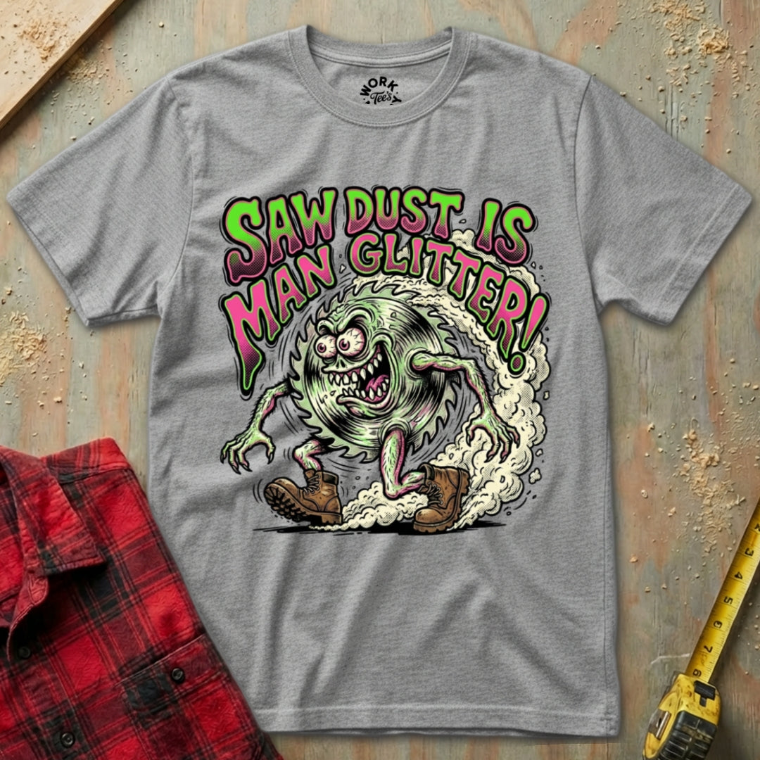 Gray t-shirt with a graphic design and text on a wooden surface with tools.