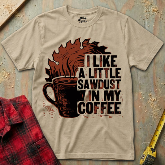 Beige t-shirt with coffee graphic and text on a rustic background