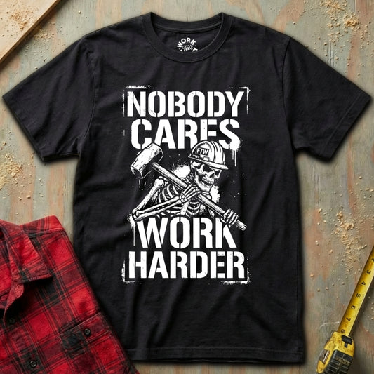 Black t-shirt with skeleton graphic and 'Nobody Cares Work Harder' text on a textured surface.